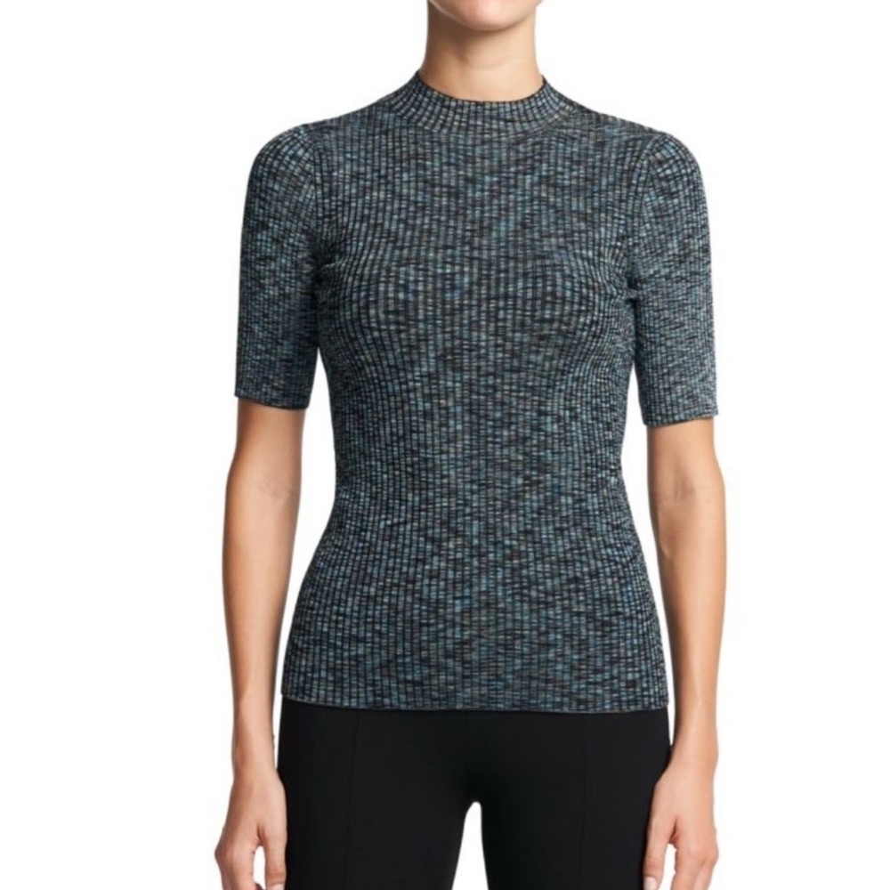 Theory Leenda Short-Sleeve Mockneck Sweater‎ Ribbed Knit Black/Blue Multi Large